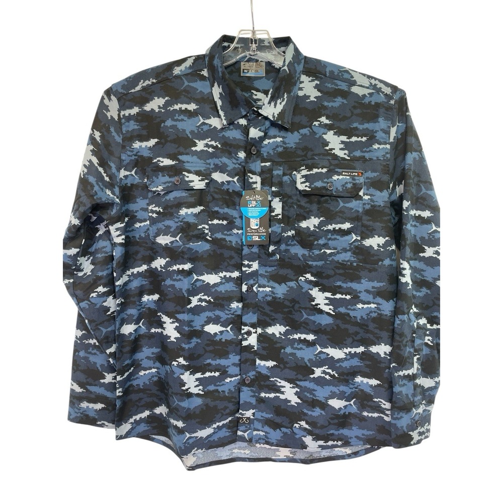 Salt Life SLX Performance Mens XL Blue Camo Button Up L/S Shirt (O17) NWTs